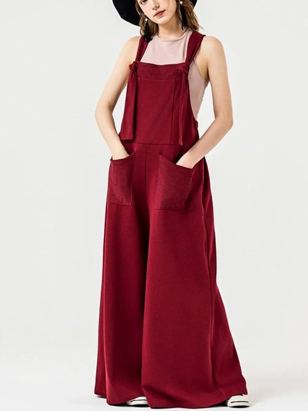B47 French Terry Adjustable Straps Overall Jumpsuit Wide Leg Boho NEW Burgundy - Picture 3 of 4